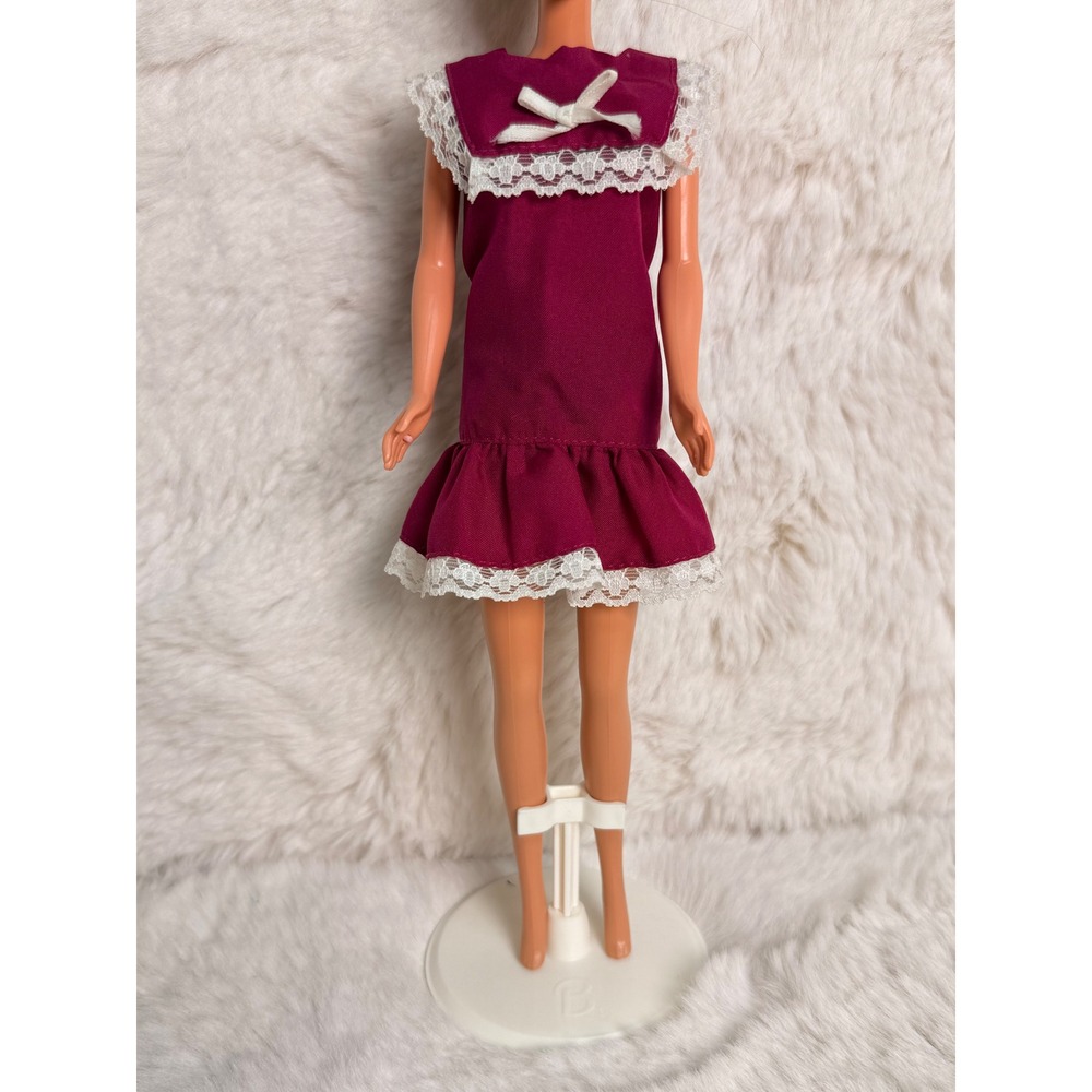 Vintage Barbie 1960s Burgundy Lace Trim Sailor Collar Dress Mattel Accessory